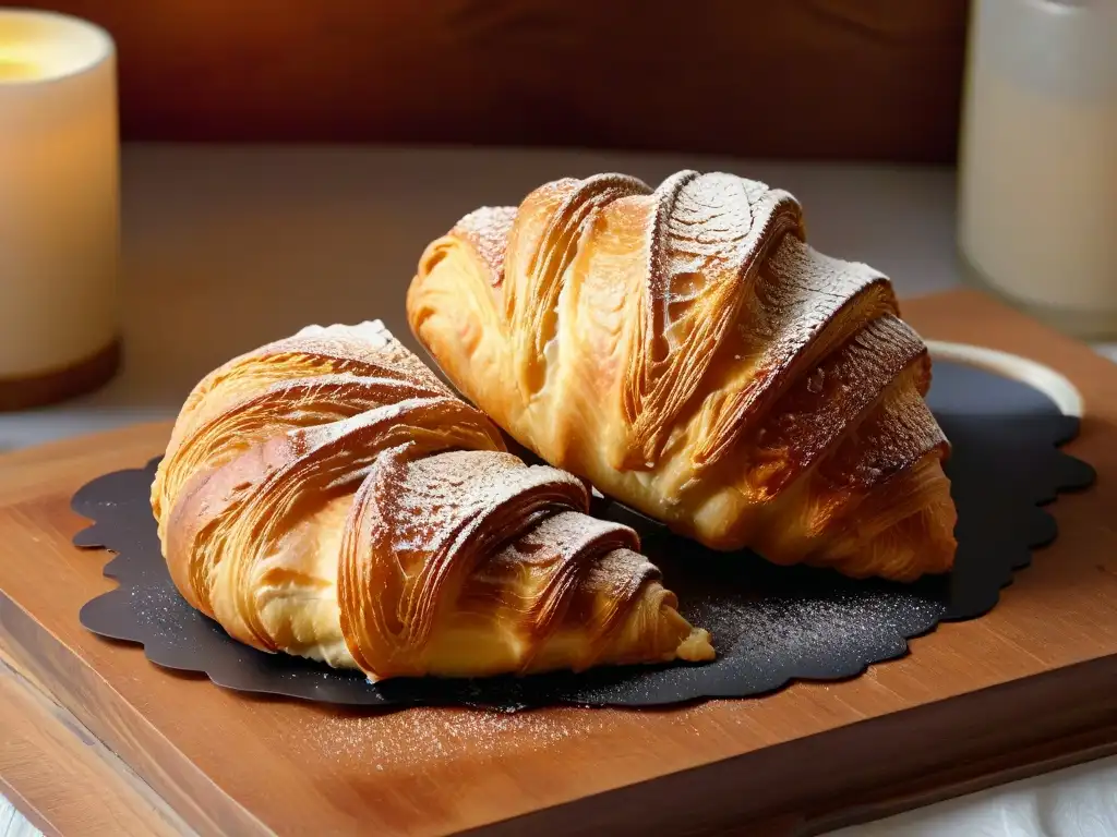 Delicado croissant dorado con miel sobre mesa de madera