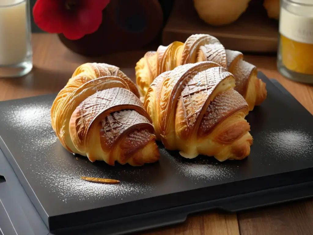 Delicado croissant dorado en plato negro, ambiente de panadería difuminado