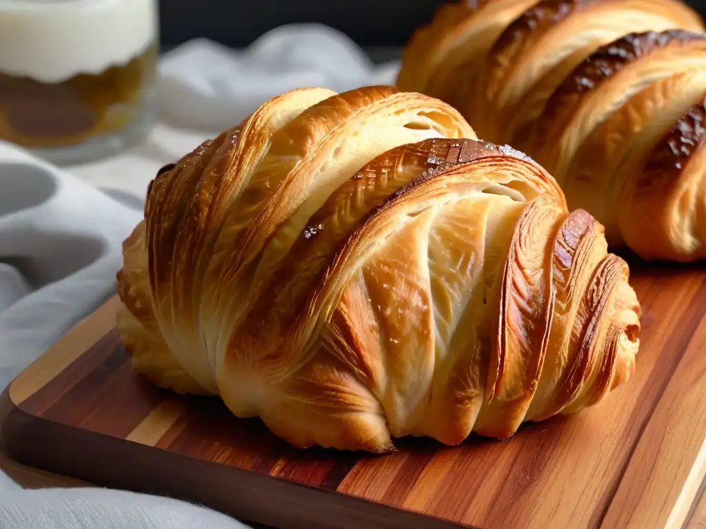 Delicado croissant dorado sobre tabla rústica de madera, revelando los secretos de la repostería francesa libro