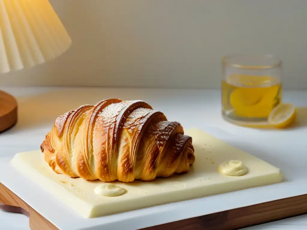 Delicado croissant dorado untado con Mantequilla europea contenido grasa, resaltando su textura y sabor decadente