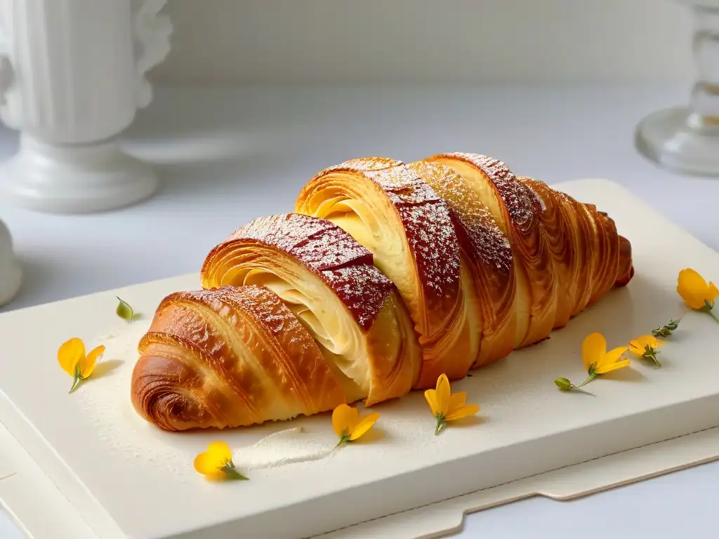 Delicado croissant francés con flores comestibles, innovación en repostería tradicional renovada