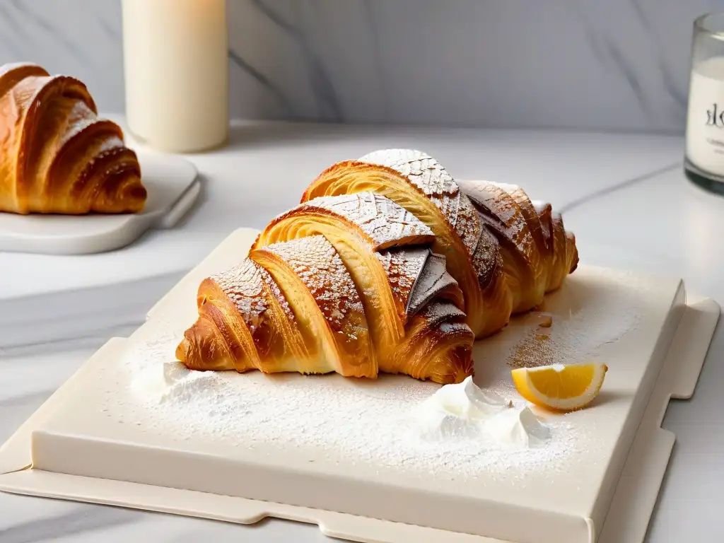 Delicioso croissant sin gluten: arte en repostería moderna Delicado croissant sin gluten, dorado y escamoso, en una encimera de mármol moderna