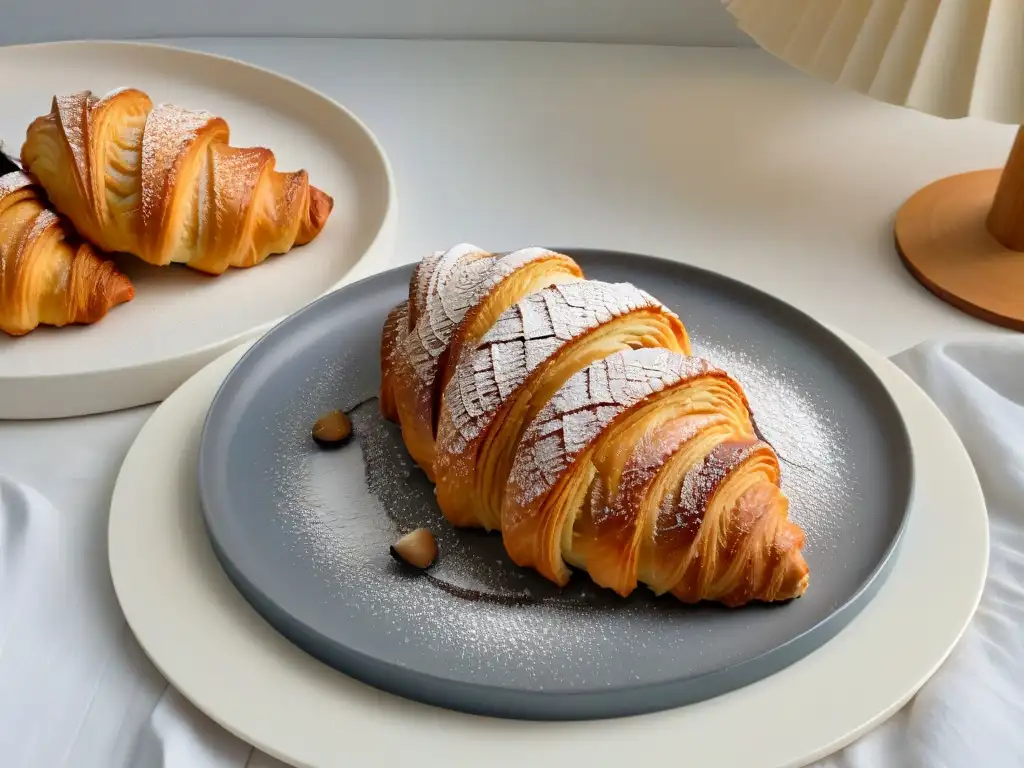 Delicado croissant sin gluten dorado y escamoso en plato moderno, resaltando elegancia y simplicidad