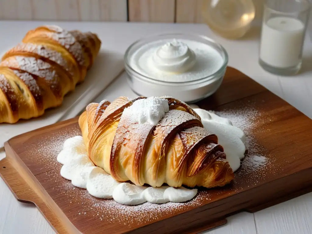 Delicado croissant sin gluten dorado y escamoso, con azúcar glass, en mesa rústica