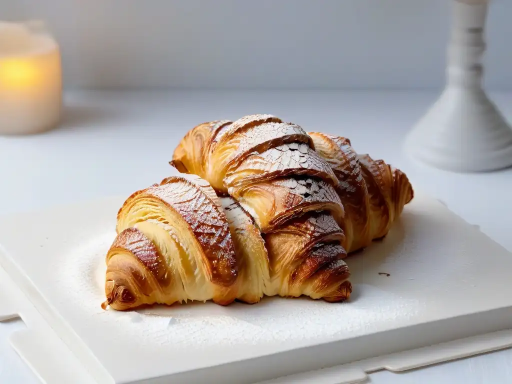 Delicado croissant sin gluten, dorado y escamoso, con azúcar glas