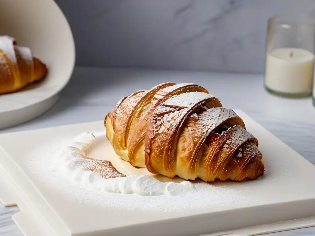 Delicioso croissant sin gluten: textura y sabor impecables Delicado croissant sin gluten, texturas satisfactorias, dorado y escamoso, espolvoreado con azúcar glass en encimera de mármol moderna