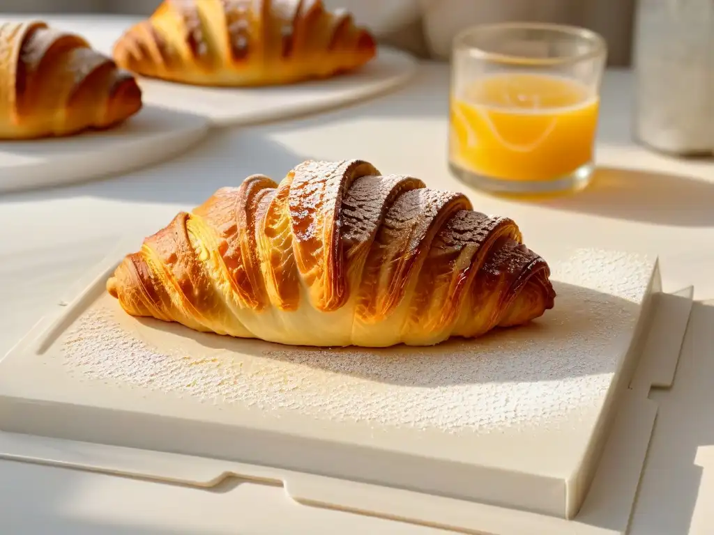 Delicado croissant recién horneado con capas doradas y textura mantecosa, en un entorno acogedor de panadería