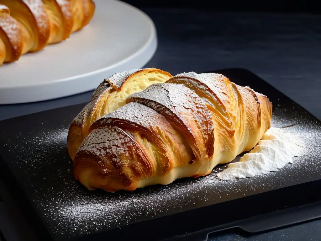 Delicado croissant recién horneado, espolvoreado con azúcar glass, en elegante plato negro