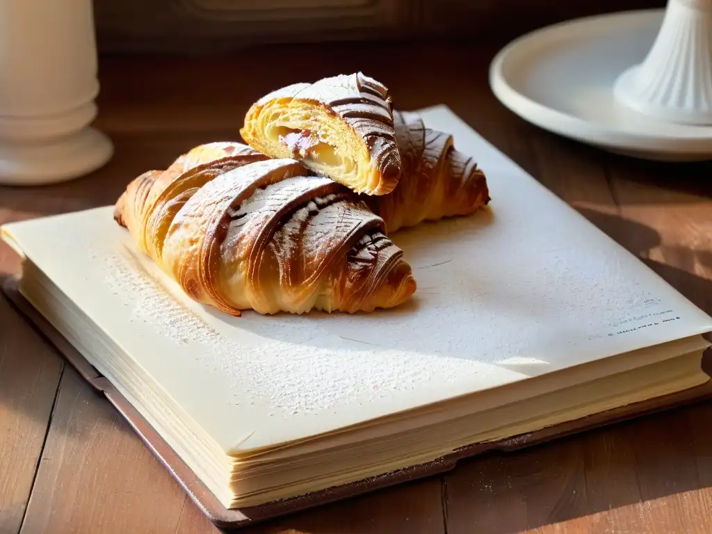 Delicado croissant recién horneado con azúcar glas, en una mesa rústica con libro de repostería francés vintage al fondo