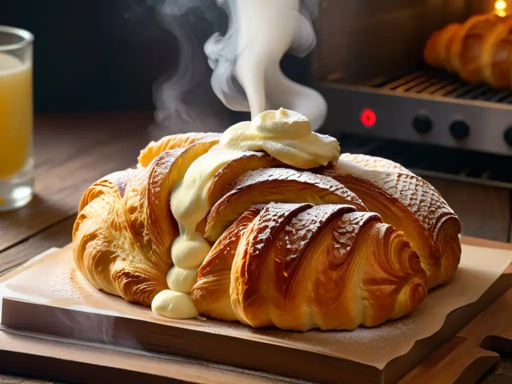 Delicado croissant recién horneado con mantequilla europea derritiéndose, resaltando los beneficios de las mantequillas europeas en repostería