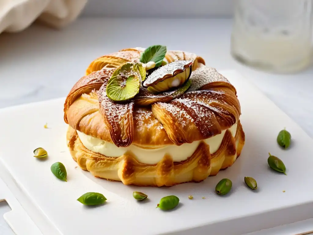 Delicado croissant con miel y pistachos sobre mármol blanco