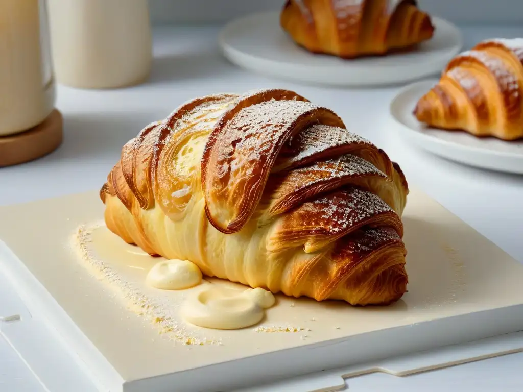 Delicado croissant vegano dorado con sustitutos de huevo, horneado y brillante en plato cerámico