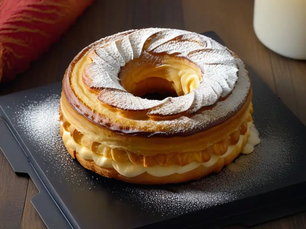 Delicado cronut recién horneado en plato negro mate, resaltando sus capas y azúcar glas