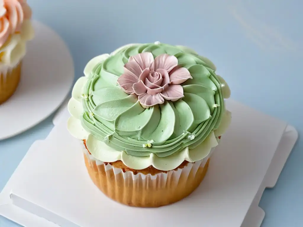 Delicado cupcake con swirls de buttercream, adorno floral, en plato blanco