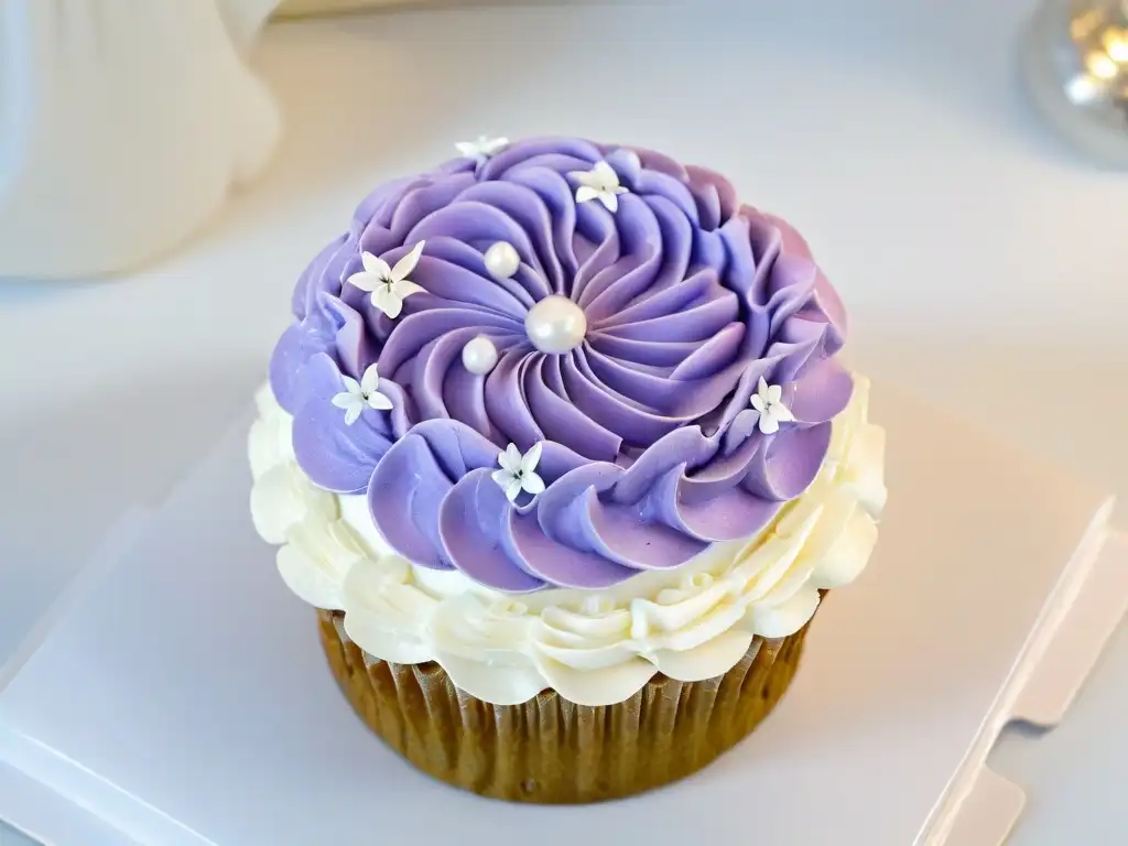 Delicado cupcake sin alérgenos, decorado con flores y perlas comestibles en un fondo blanco