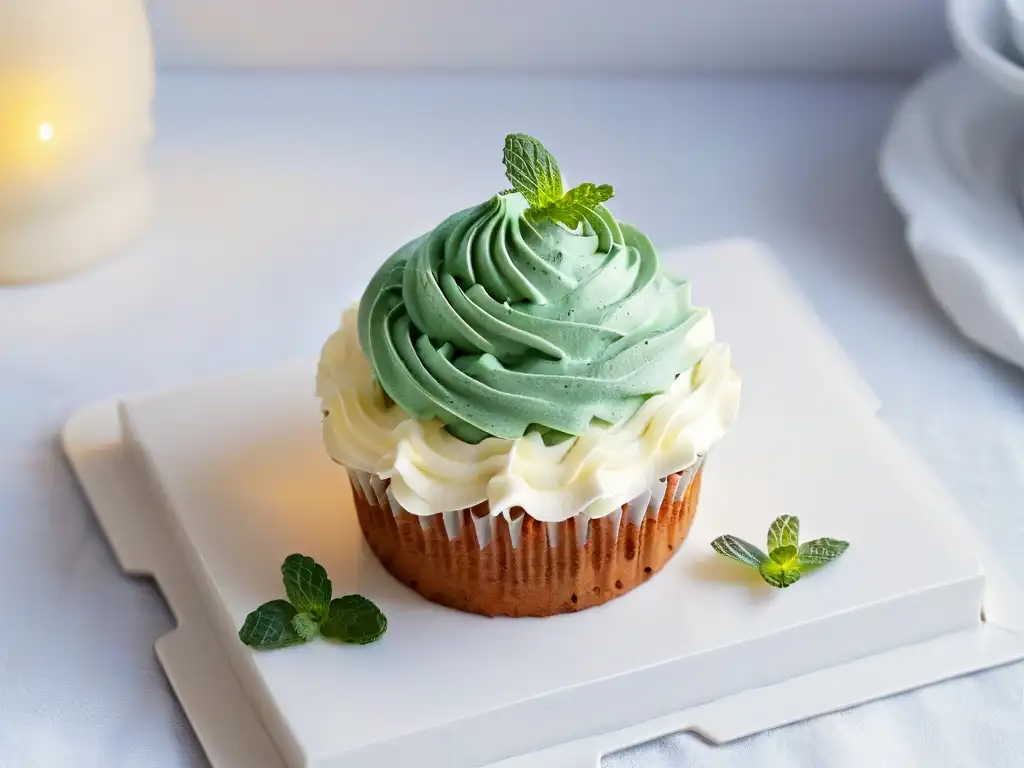 Delicioso cupcake sin azúcar con bayas y menta Delicado cupcake sin azúcar rodeado de bayas y menta en plato blanco