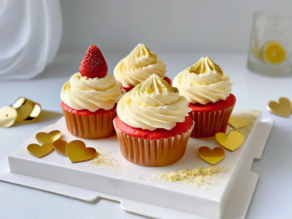 Delicado cupcake de Champagne y fresas con brillo dorado comestible, en un elegante plato blanco