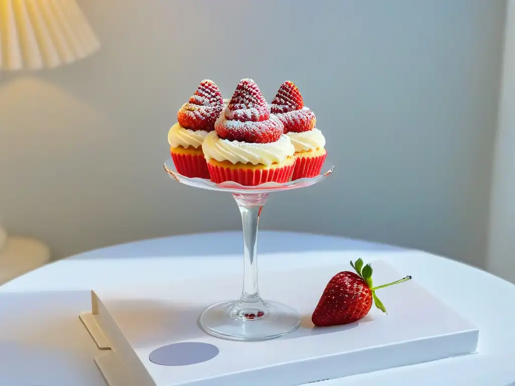 Delicado cupcake de Champagne y fresas en copa elegante con ambiente festivo