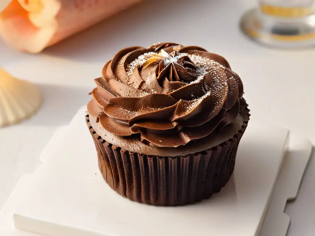 Delicado cupcake de chocolate con un grano de cacao, azúcar y fondo de finca sostenible en luz dorada, Comercio Justo repostería sostenible