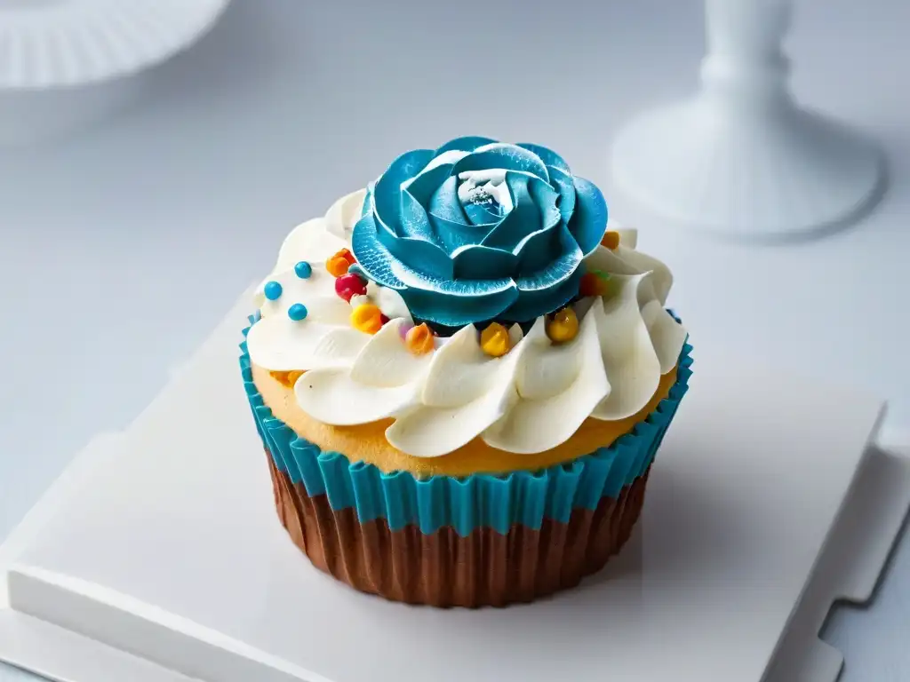 Delicado cupcake miniatura con decoración intrincada y colores vibrantes en un plato blanco moderno