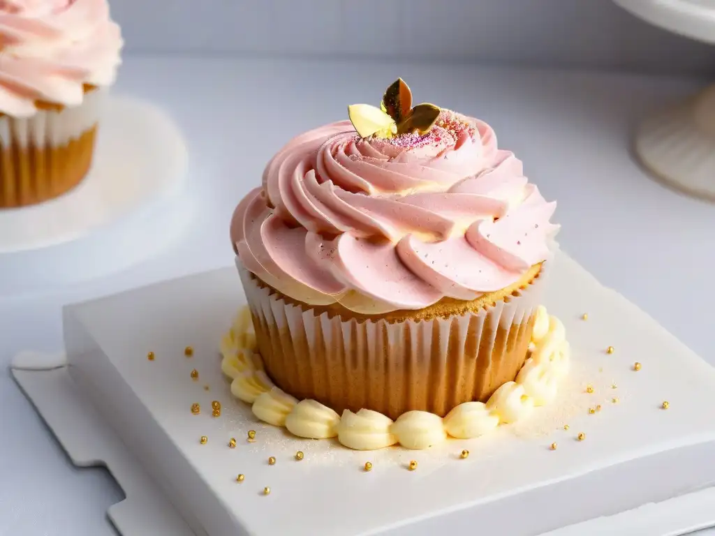 Delicado cupcake con crema rosa y polvo dorado sobre plato blanco