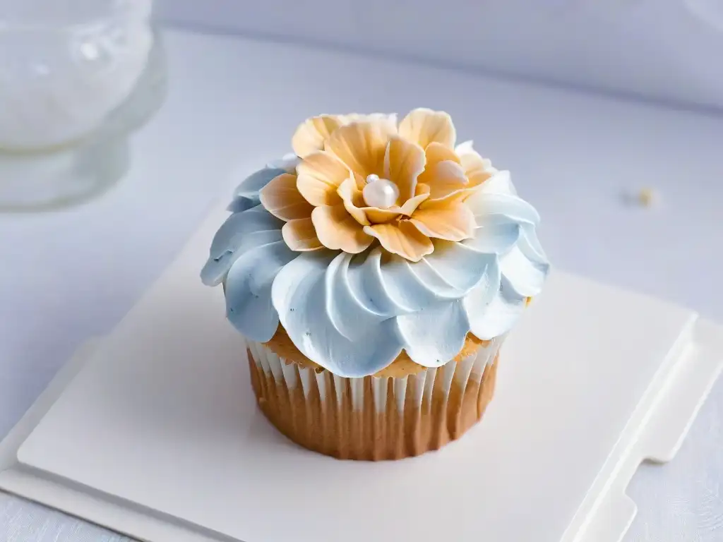 Delicado cupcake decorado con arte, flores comestibles y perlas brillantes sobre plato blanco, resaltando el merchandising temático repostería arte