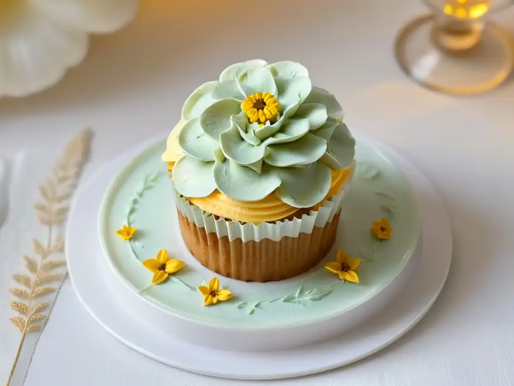 Exquisito cupcake de buttercream y flores comestibles Delicado cupcake decorado con detalle en plato blanco, ideal para Concurso de repostería reclutar voluntarios