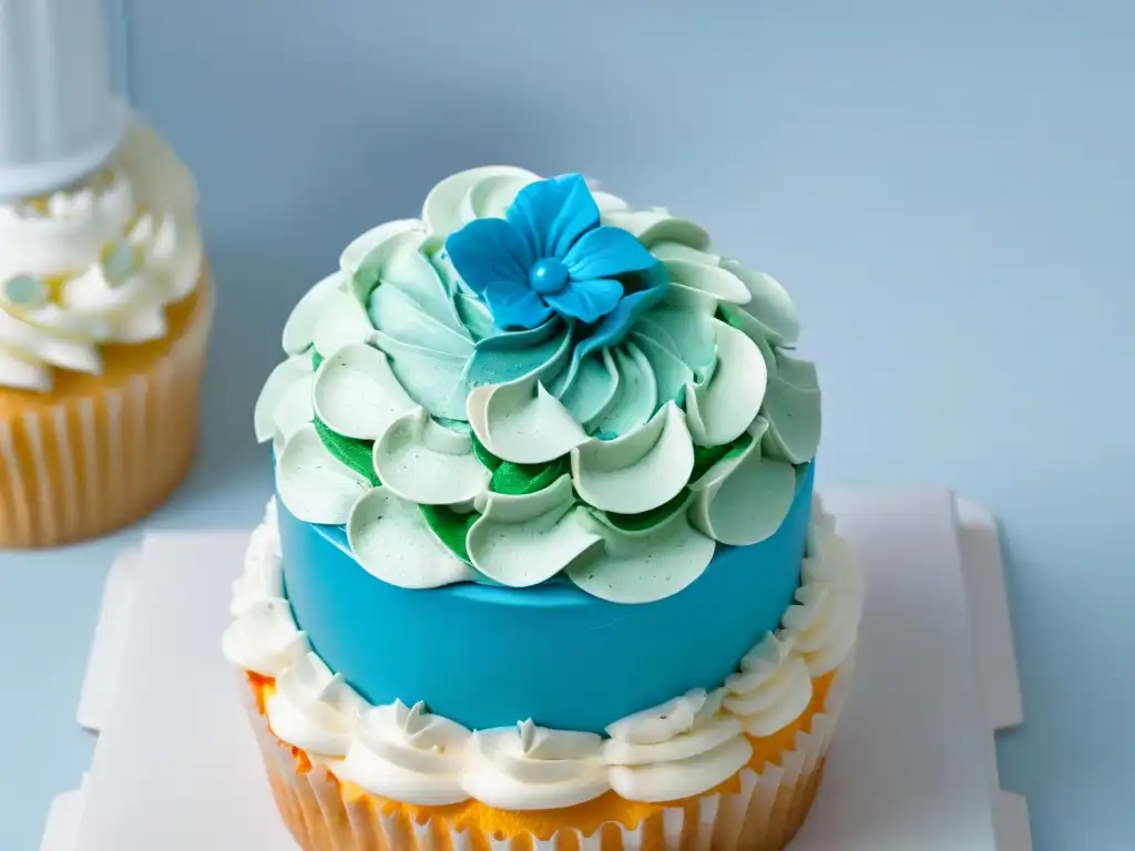 Delicado cupcake decorado con detalle y colores vibrantes sobre fondo blanco