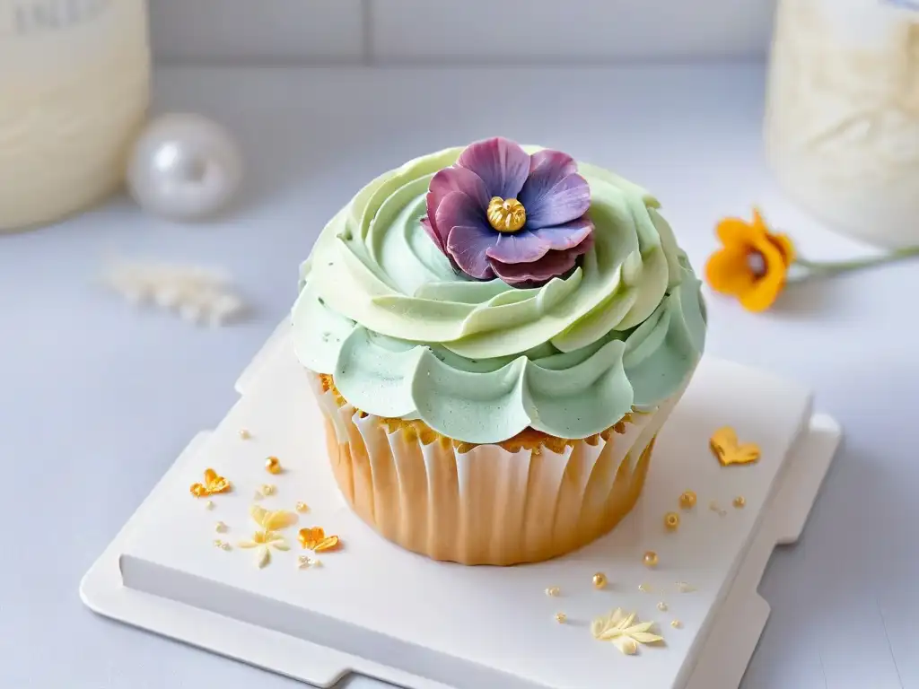 Delicado cupcake decorado con flores comestibles y detalles en oro, resaltando el merchandising temático para repostería