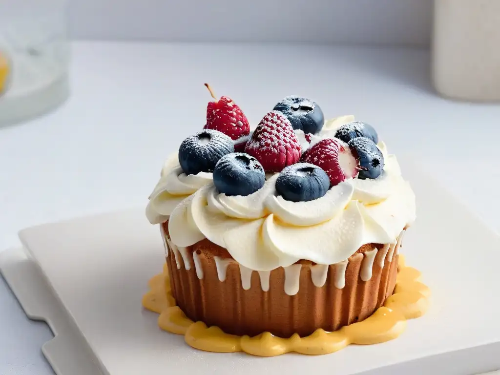 Delicado cupcake decorado con frutas y miel sobre plato moderno