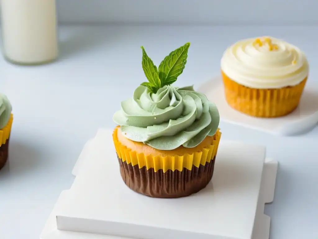 Delicado cupcake decorado con una hoja de stevia, resaltando el uso correcto de Stevia en repostería