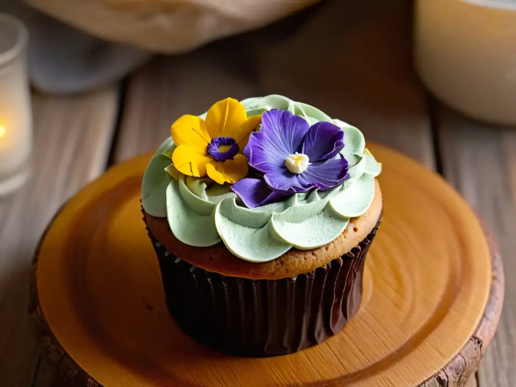 Delicioso cupcake artesanal con ingredientes orgánicos y decoración floral Delicado cupcake decorado con ingredientes orgánicos y flores comestibles, sobre mesa rústica iluminado por luz natural