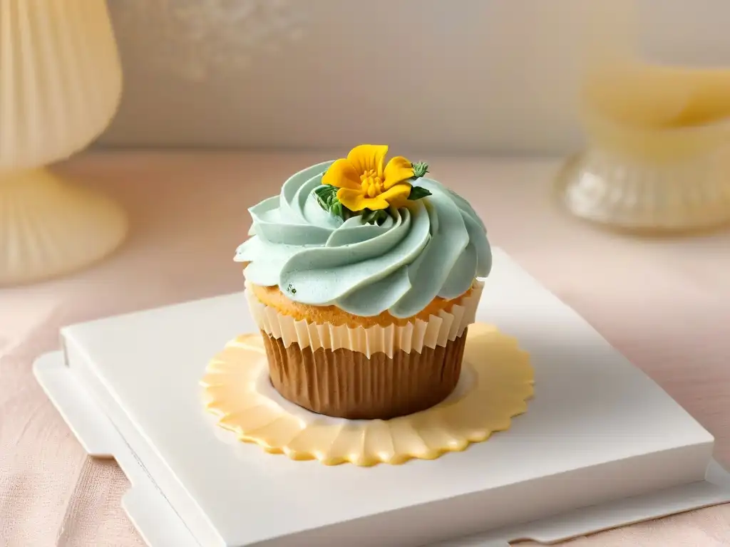 Delicado cupcake decorado con ingredientes éticos en plato blanco moderno