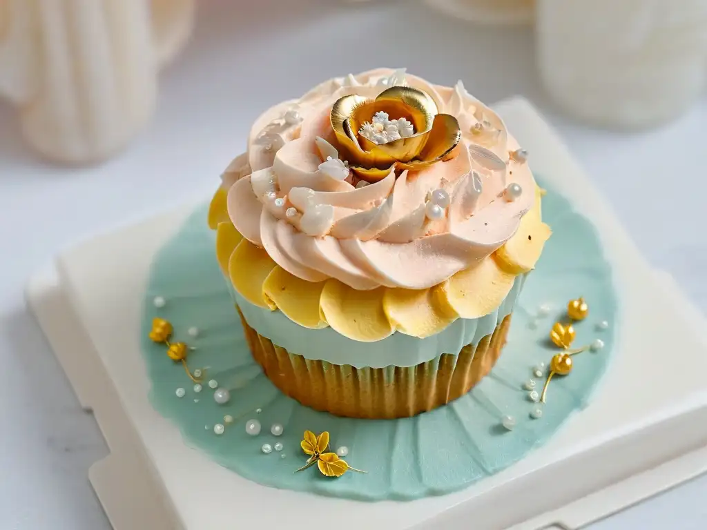 Delicado cupcake decorado con swirls pastel y lámina dorada, rodeado de flores cristalizadas y perlas de azúcar, en un plato de mármol