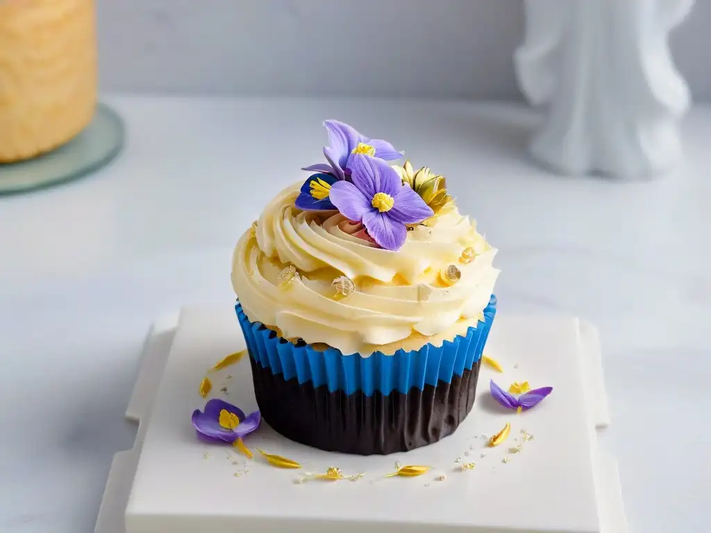 Delicado cupcake con decoración detallada y flores comestibles en mármol