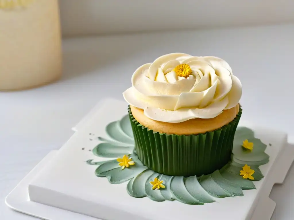 Delicado cupcake con detalles pastel y flor comestible en plato blanco moderno