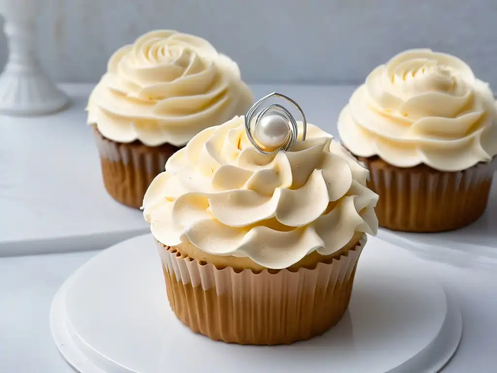 Delicado cupcake dorado con crema de rosas y perla plateada en elegante repostería inspirada en Bake Off