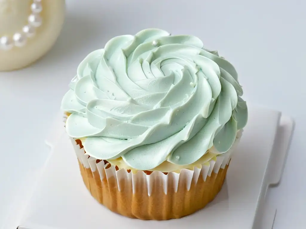 Delicado cupcake ético con swirls de buttercream en tonos pastel y perla comestible, resalta la importancia ética de ingredientes repostería