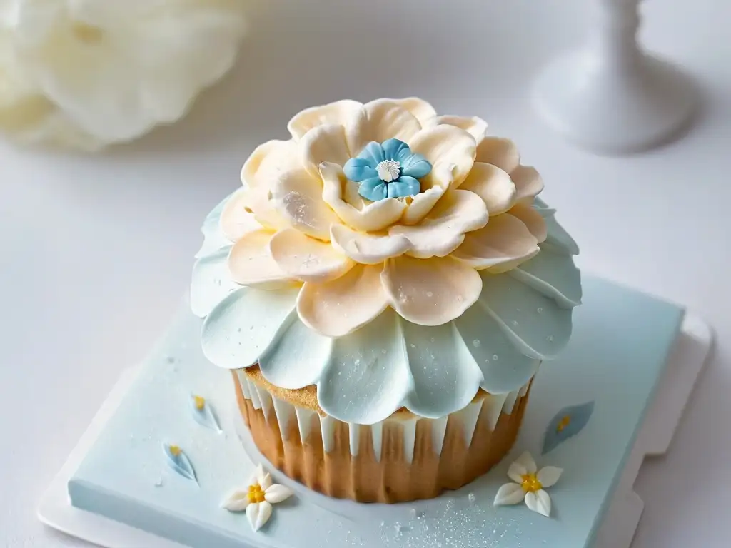 Delicado cupcake con flor de azúcar en tonos pastel, expertos en repostería para diabéticos