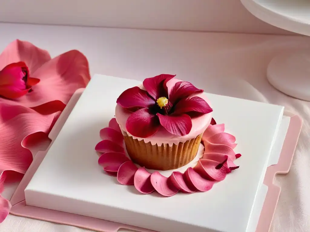 Delicado cupcake de flor de jamaica con frosting rosa y pétalos secos brillantes, en plato blanco