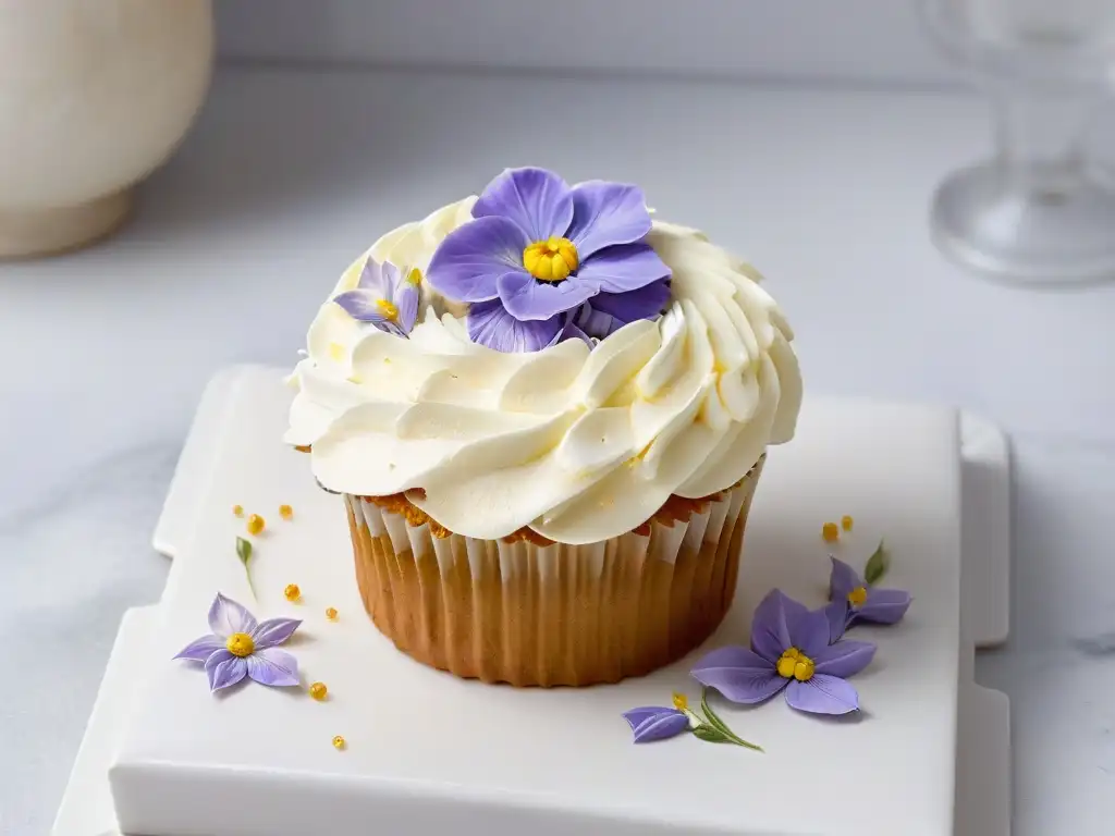 Delicado cupcake con flores comestibles y detalles dorados sobre mármol blanco