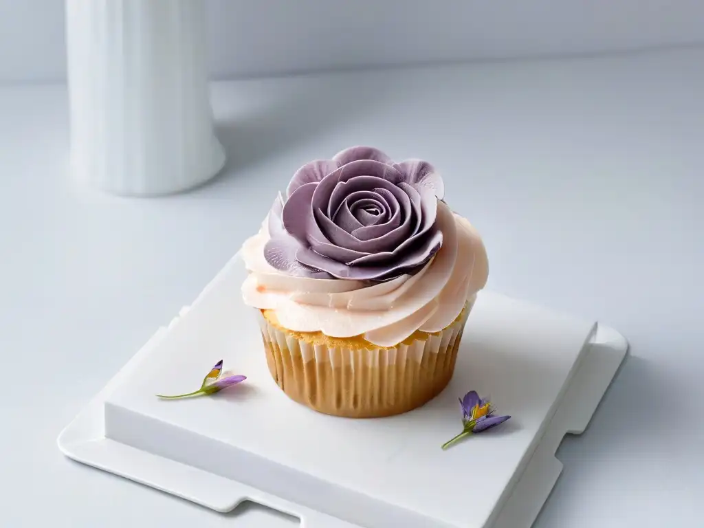 Delicado cupcake con flores comestibles en plato blanco, detalle y elegancia