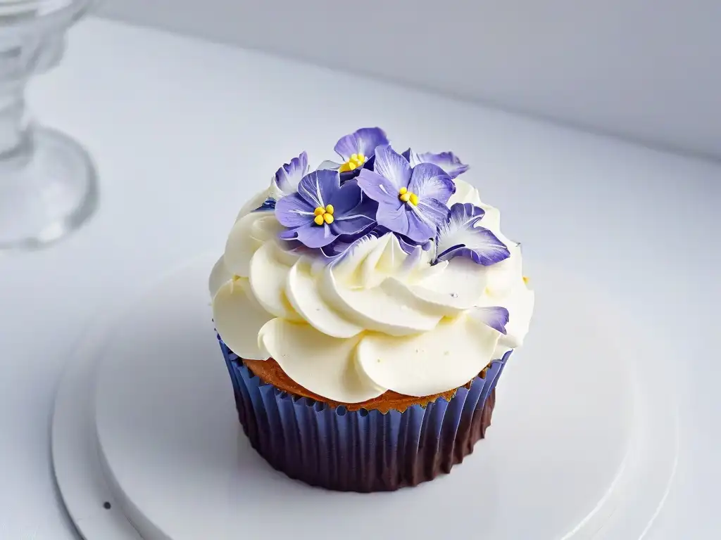 Delicado cupcake con flores comestibles y brillo, en fondo blanco