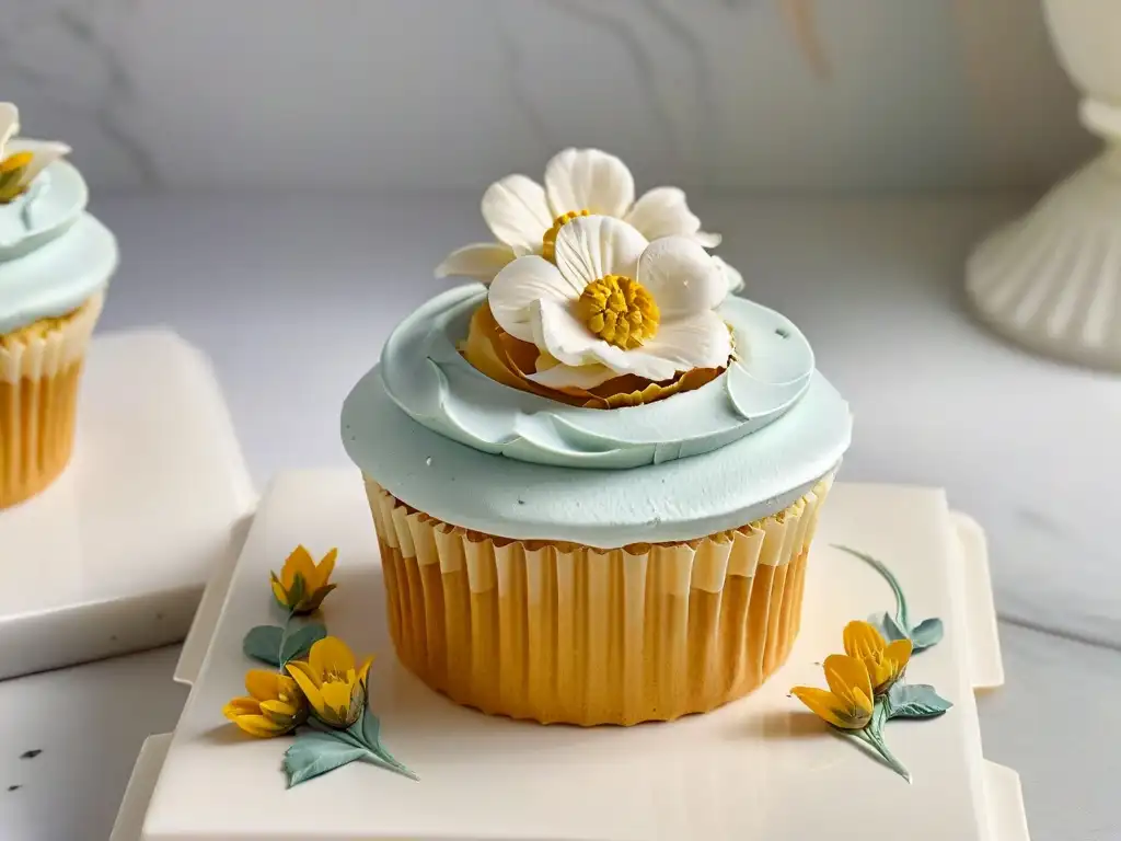 Delicado cupcake con flores comestibles y detalles en oro sobre mármol, ideal para chefs principiantes en repostería