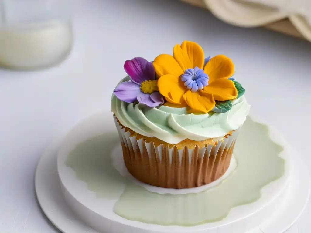 Exquisita cupcake con flores comestibles Delicado cupcake con flores comestibles en un plato blanco moderno