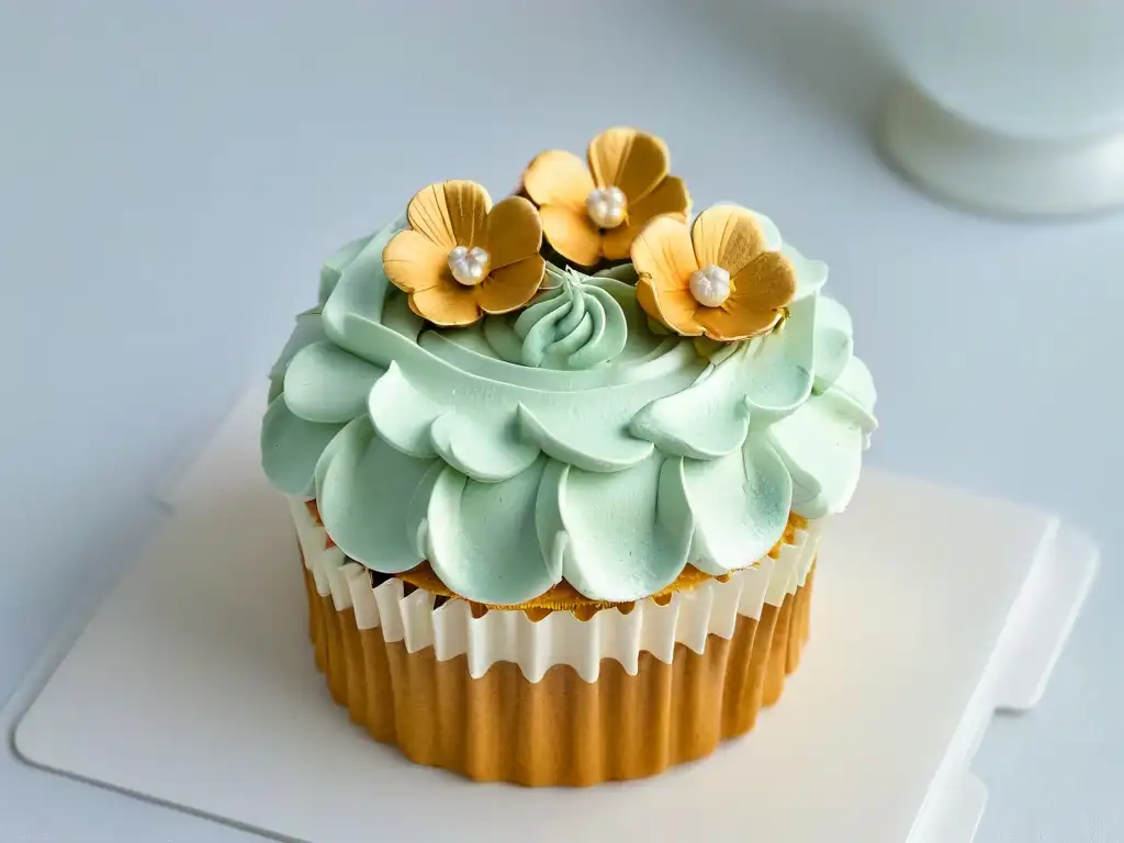 Exquisito cupcake decorado con flores de azúcar y oro comestible Delicado cupcake con decoración de flores y oro comestible, destacando técnicas modernas de repostería