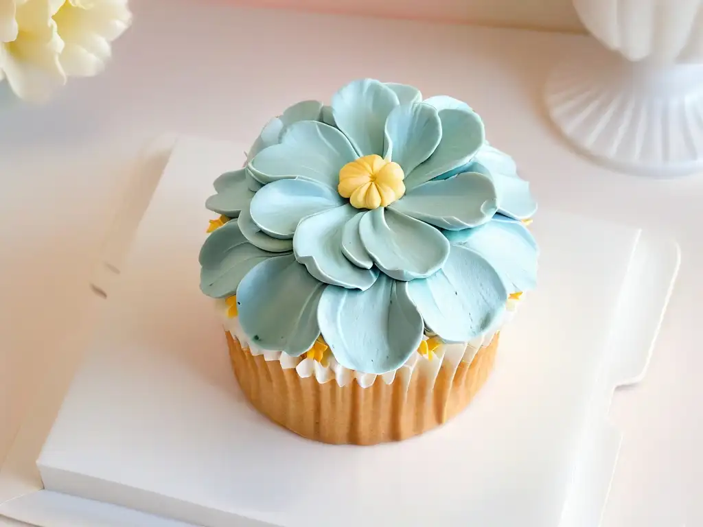 Delicado cupcake con flores de fondant en un plato blanco, ideal para Concurso repostería comunidad paso a paso