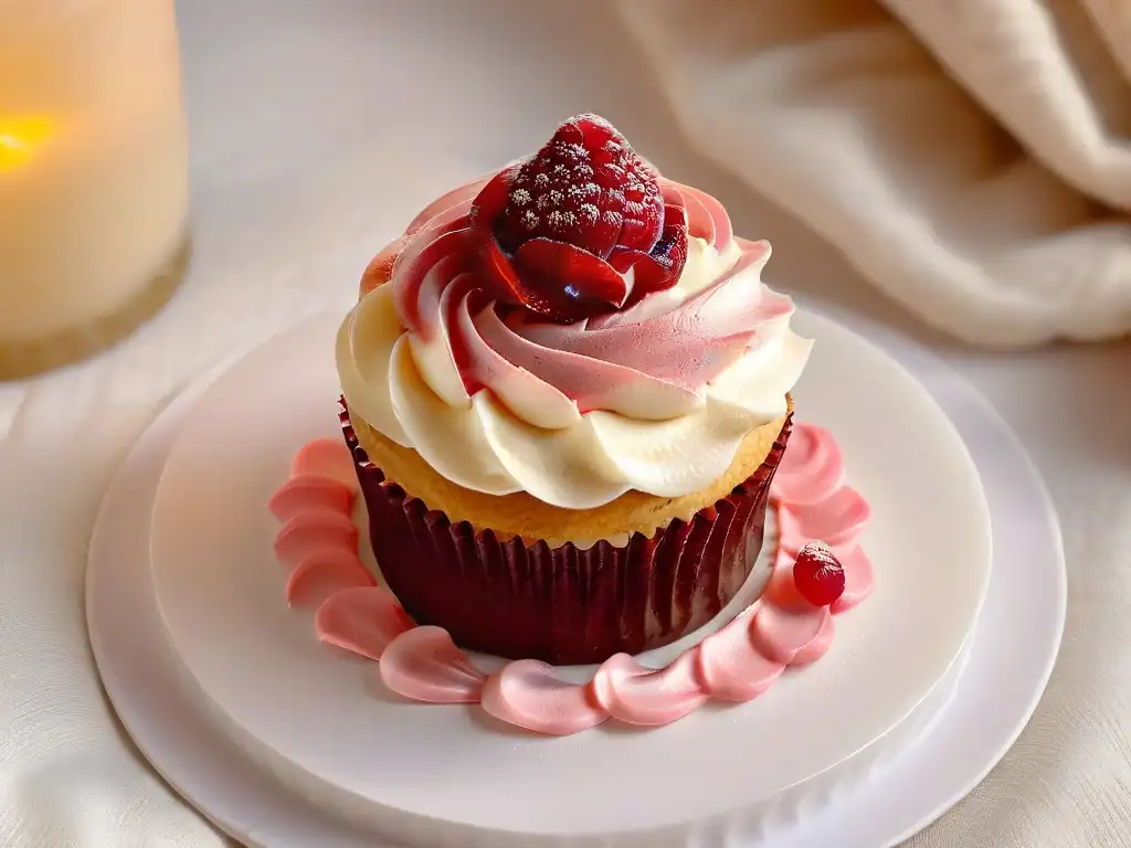 Delicado cupcake con frambuesa brillante en plato blanco, resaltado por luz cálida