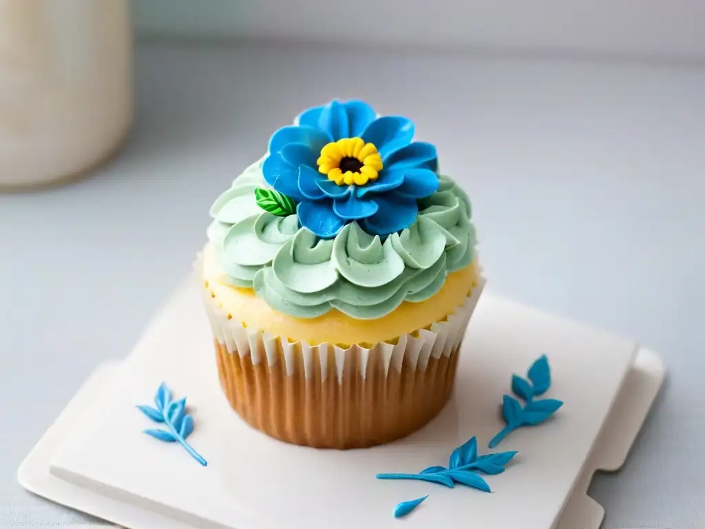 Delicado cupcake con frosting pastel y flor comestible, en plato blanco moderno