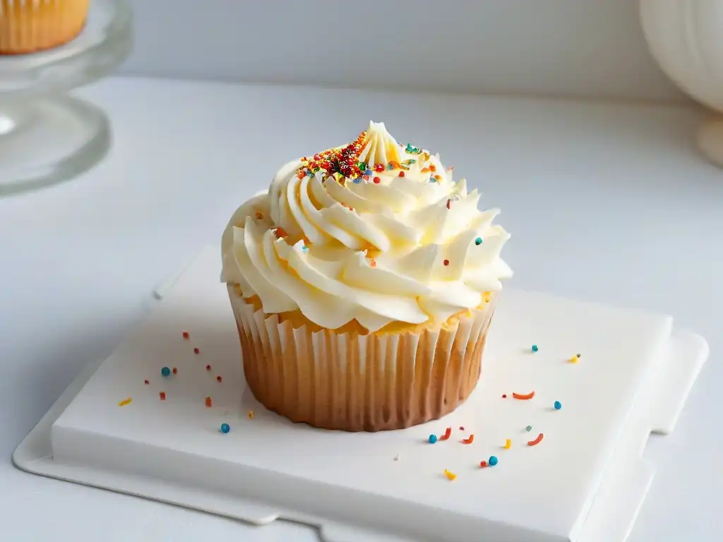 Delicado cupcake con frosting perfecto y brillantes sprinkles en plato blanco moderno